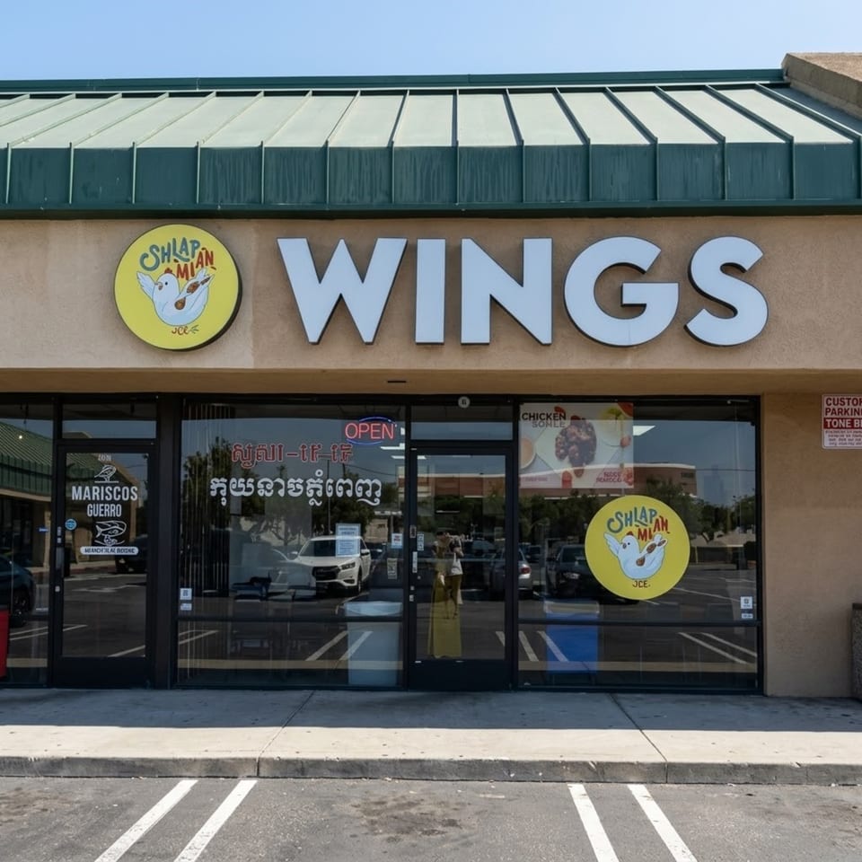 Exterior of Shlap Mian Wings restaurant with a large "WINGS" sign and glass storefront.